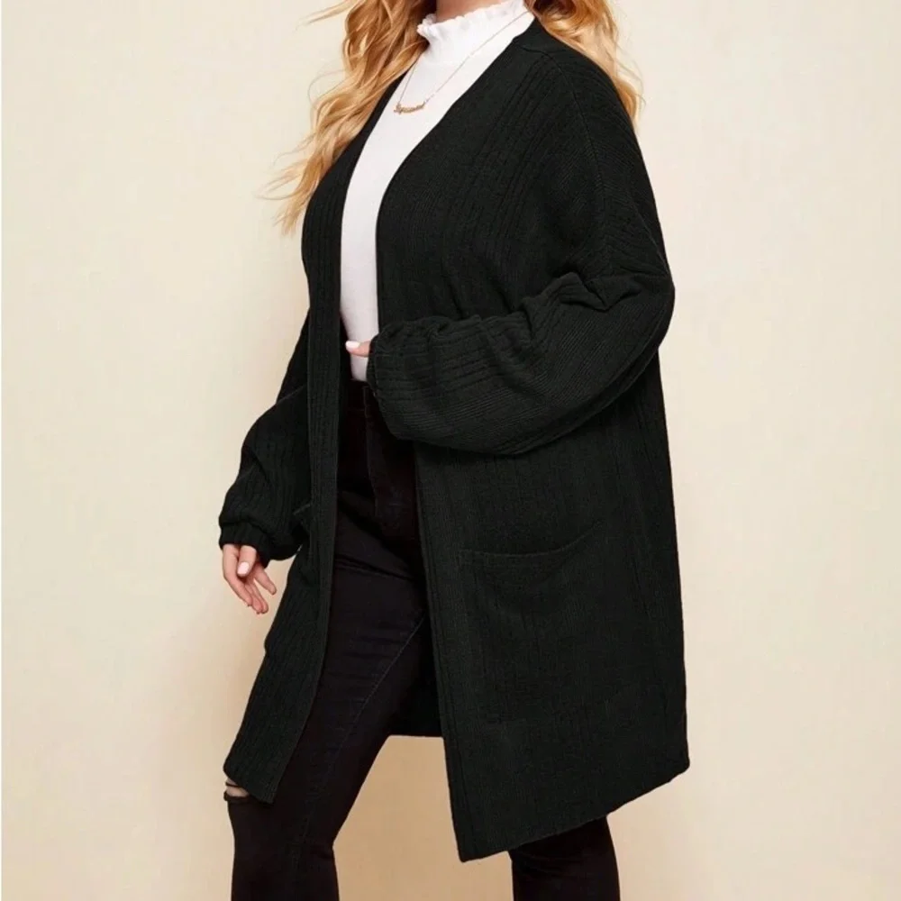 LUNE Black Oversized Ribbed Longline Cardigan Plus 2X Open Front Cozy
